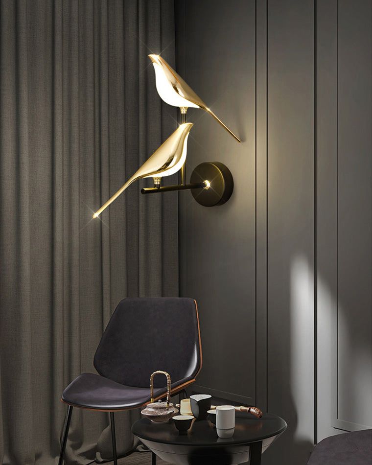 Bird Motif Wall Lamp In Gold And Black Metal With Warm White LED