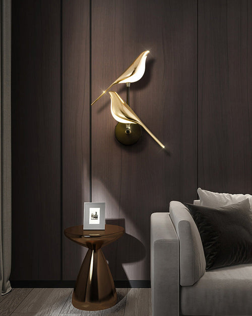 Bird Motif Wall Lamp In Gold And Black Metal With Warm White LED