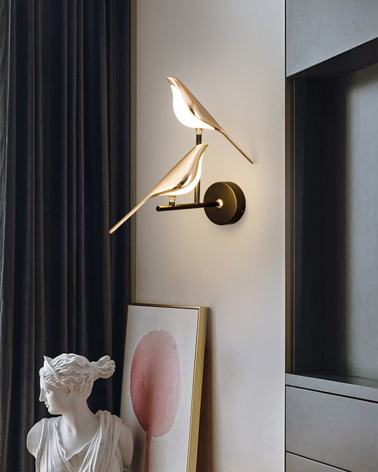 Bird Motif Wall Lamp In Gold And Black Metal With Warm White LED