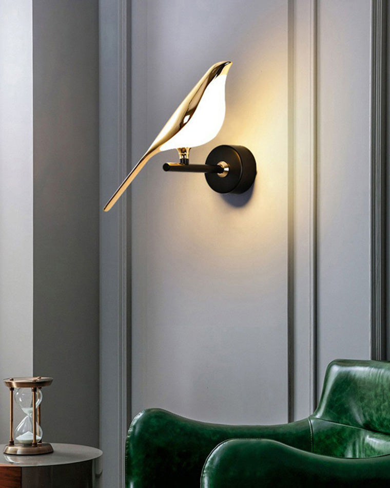 Bird Motif Wall Lamp In Gold And Black Metal With Warm White LED