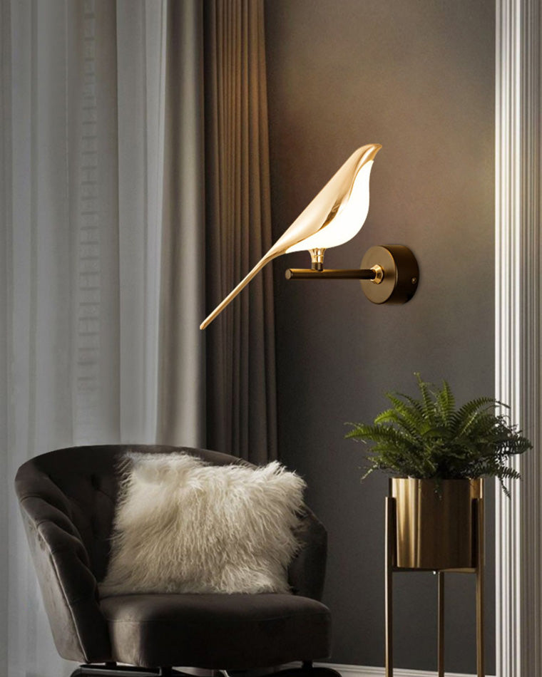 Bird Motif Wall Lamp In Gold And Black Metal With Warm White LED