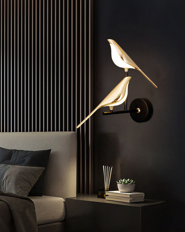 Bird Motif Wall Lamp In Gold And Black Metal With Warm White LED