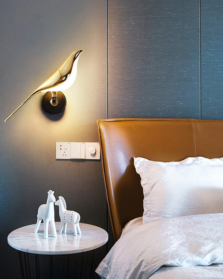 Bird Motif Wall Lamp In Gold And Black Metal With Warm White LED