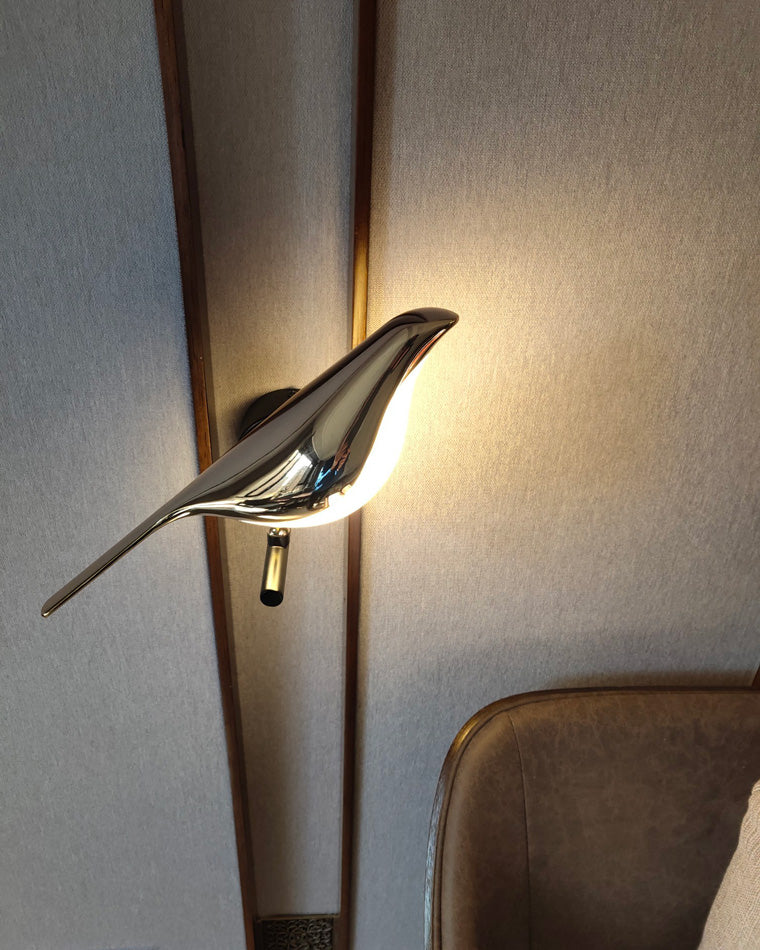 Bird Motif Wall Lamp In Gold And Black Metal With Warm White LED