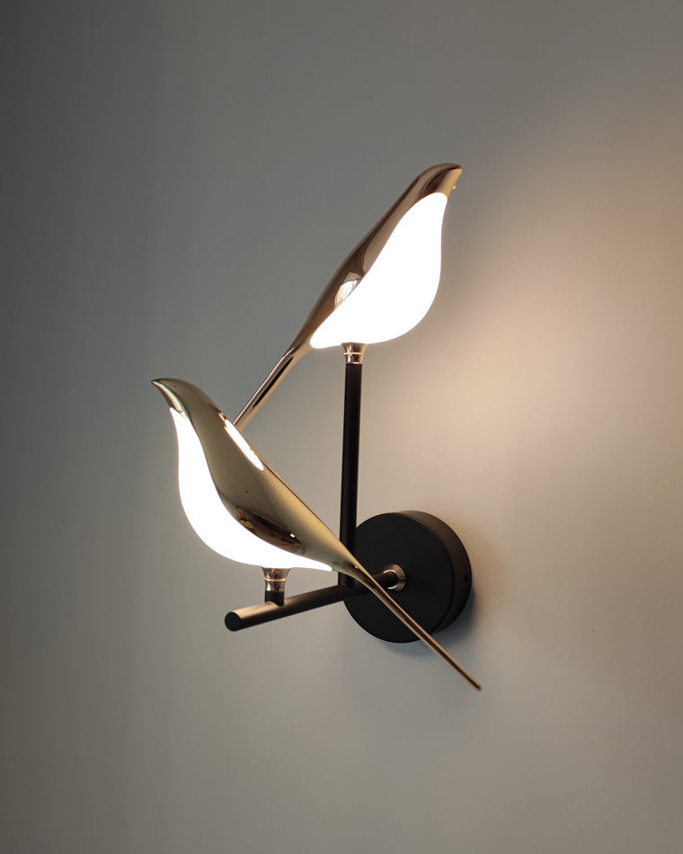 Bird Motif Wall Lamp In Gold And Black Metal With Warm White LED