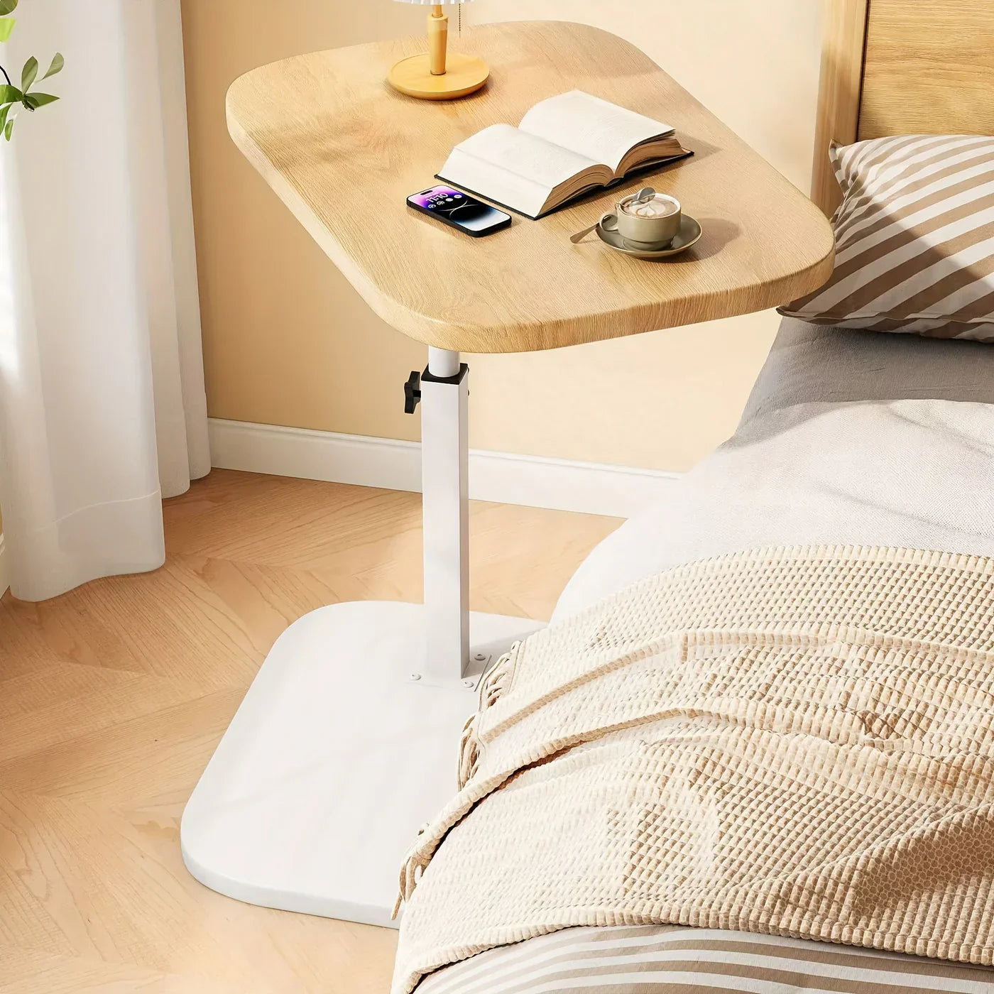 Multifunctional Height Adjustable Side Table With Wooden Top For Sofa Or Bed