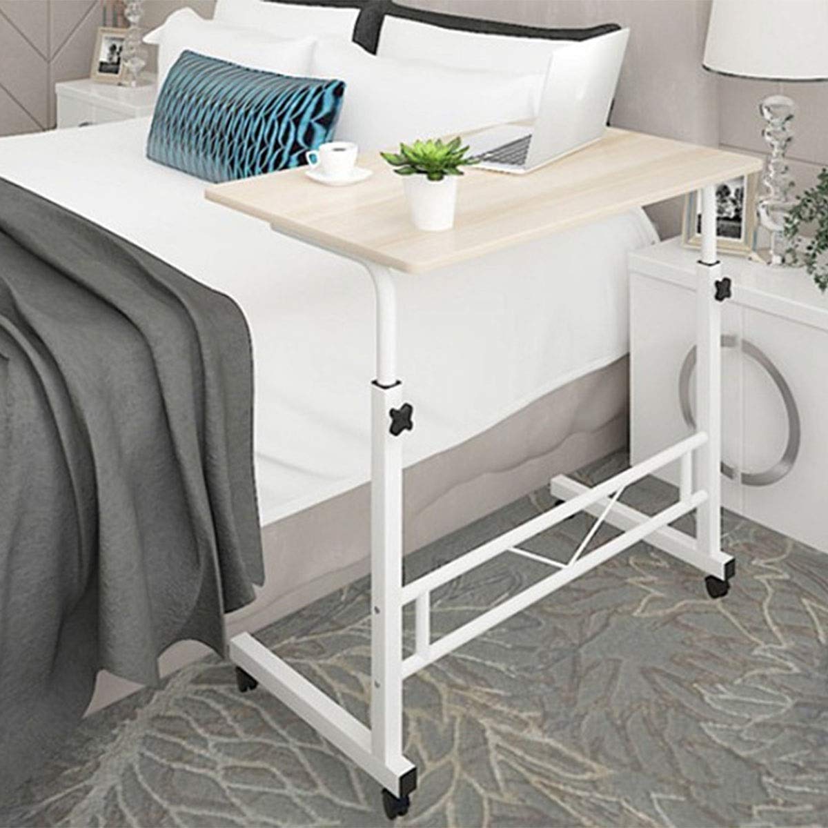 Mobile Laptop Desk On Wheels Height Adjustable With White Steel Frame And Wood Top