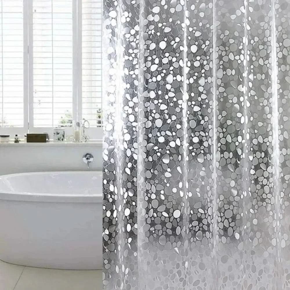 Cortina de duche transparente CLEARFLOW — Design impermeável com padrão de seixos
