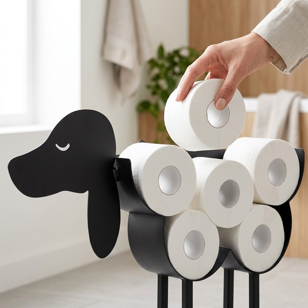 Sort toiletpapirholder i metal med dyremotiv — fritstående opbevaring til 7 ruller