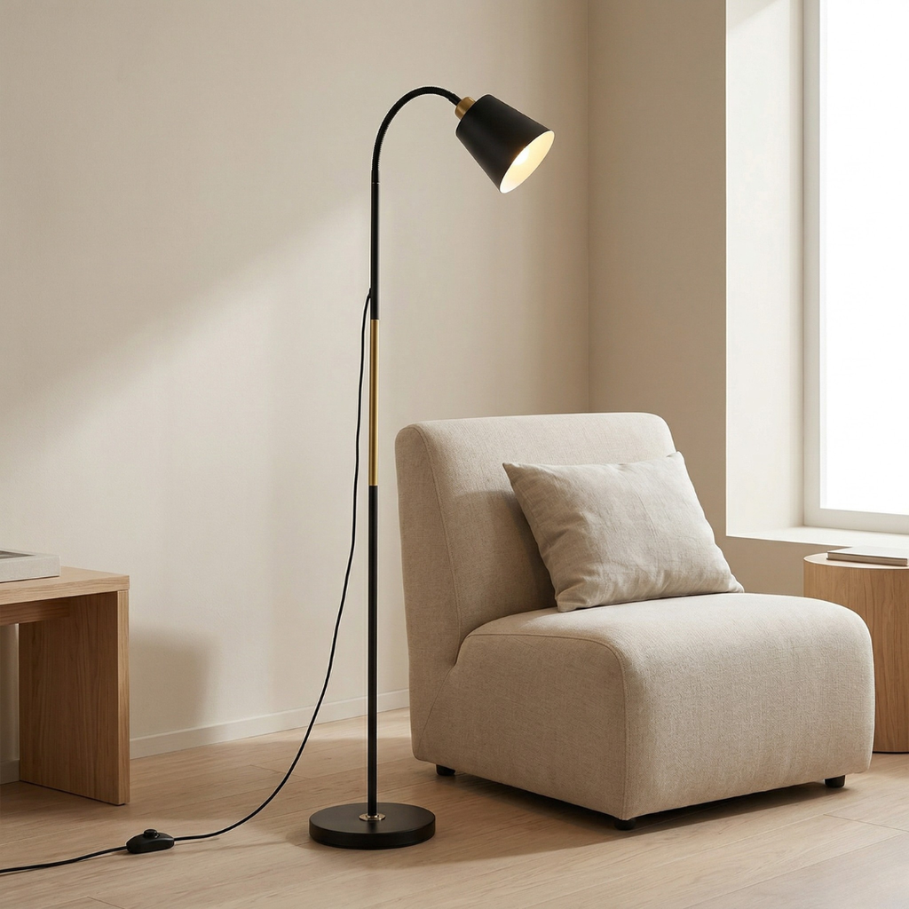 Floor Lamp Featuring Adjustable Head And LED Lighting For Reading And Ambient Living Room Use