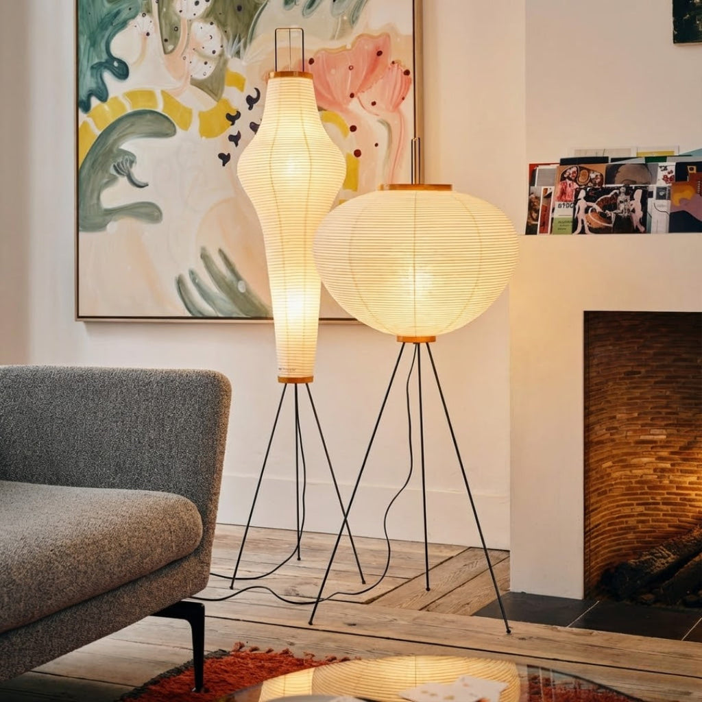 Rice Paper Floor Lamp With Sculptural Japanese Shade In Totem Or Pagoda Form For Cozy Living Rooms