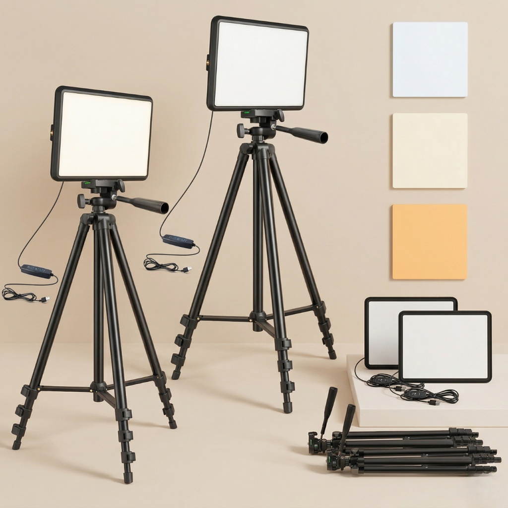 LED Video Lighting Kit With Adjustable Brightness And Color Temperature From 2800K To 6500K, Two Stands Up To 57 Inches