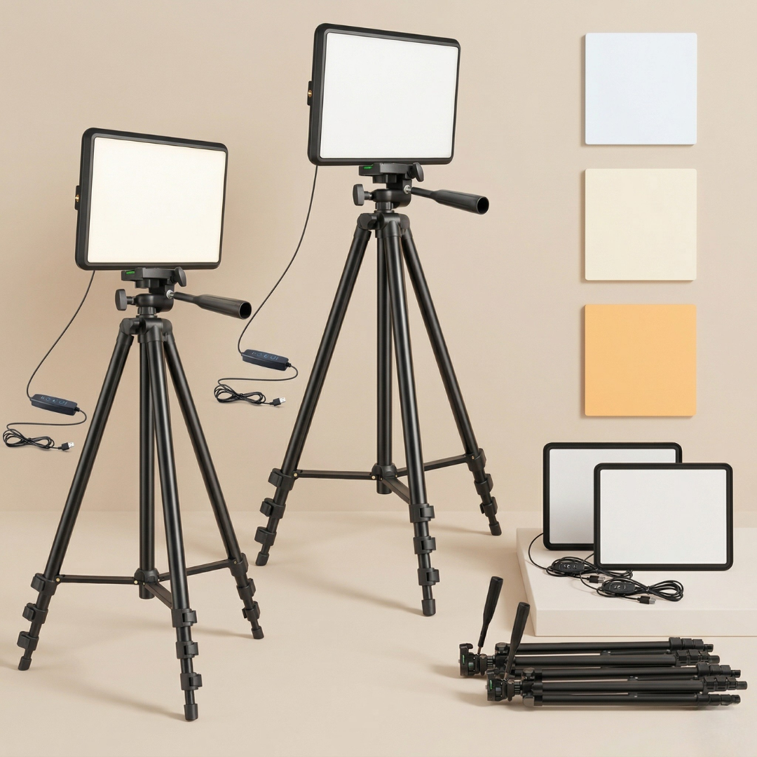 LED Video Lighting Kit With Adjustable Brightness And Color Temperature From 2800K To 6500K, Two Stands Up To 57 Inches