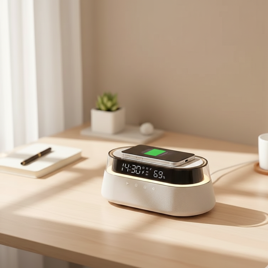 Six-In-One Alarm Clock With Wireless Charging, Bluetooth Speaker, FM Radio, Dual Alarms, USB Charger, And RGB Night Light