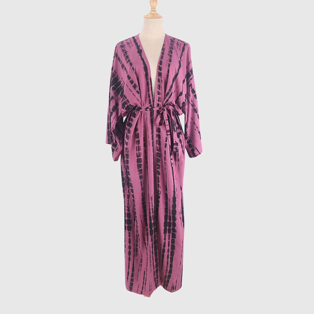 Kimono playero tie-dye OCEANVEIL — Prenda ligera y vaporosa de verano con cinturón del mismo tejido
