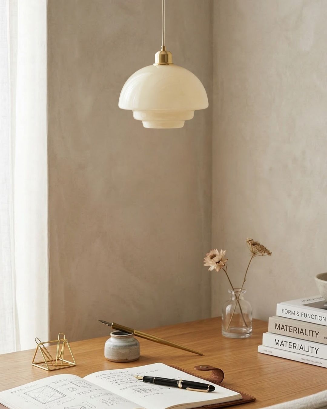 TINA Pendant Light, Mid-Century Milk-White Glass With Brushed Brass, Adjustable E27