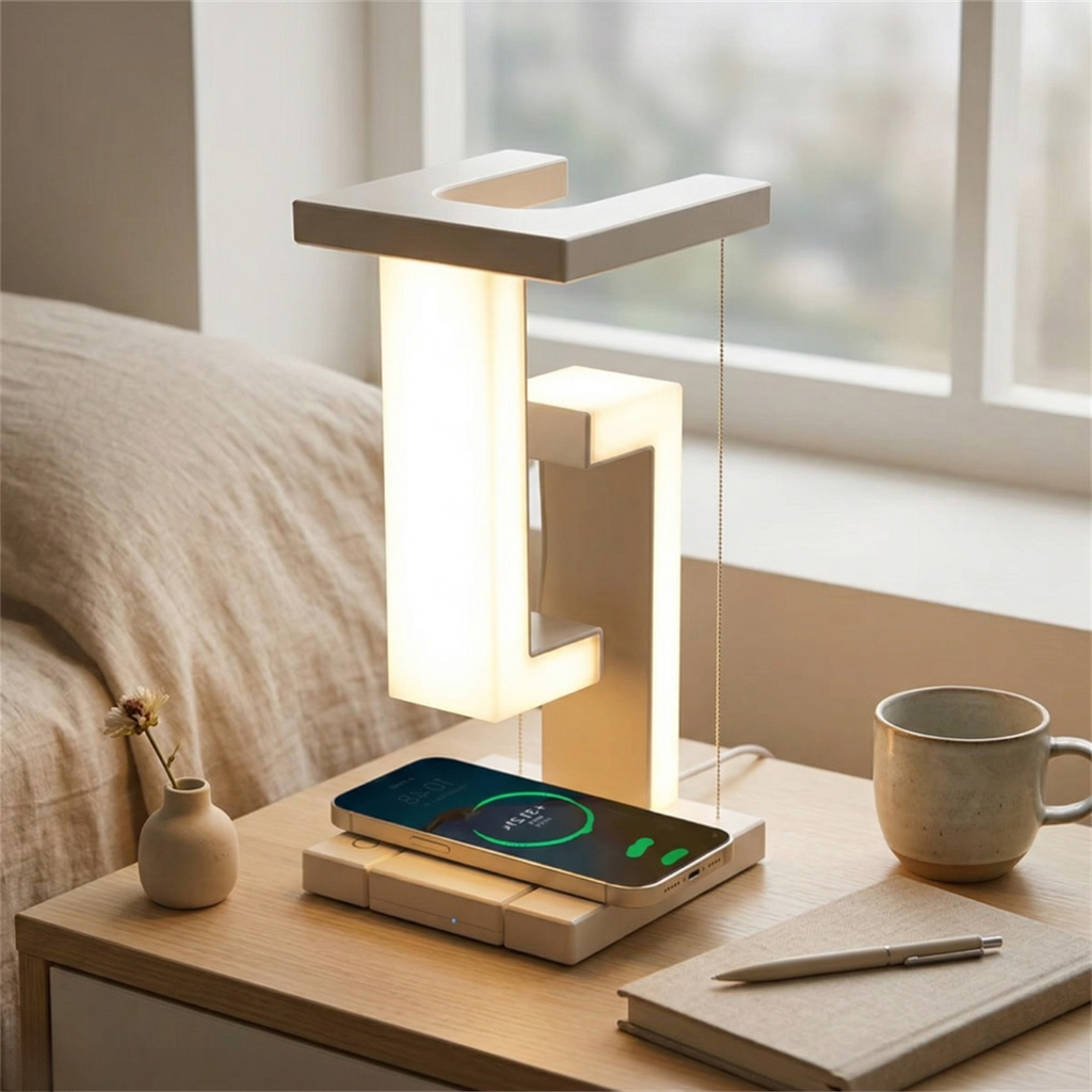 Levitating Desk Light Featuring Wireless Charging Pad For Modern Home Office Use Dimmable Brightness