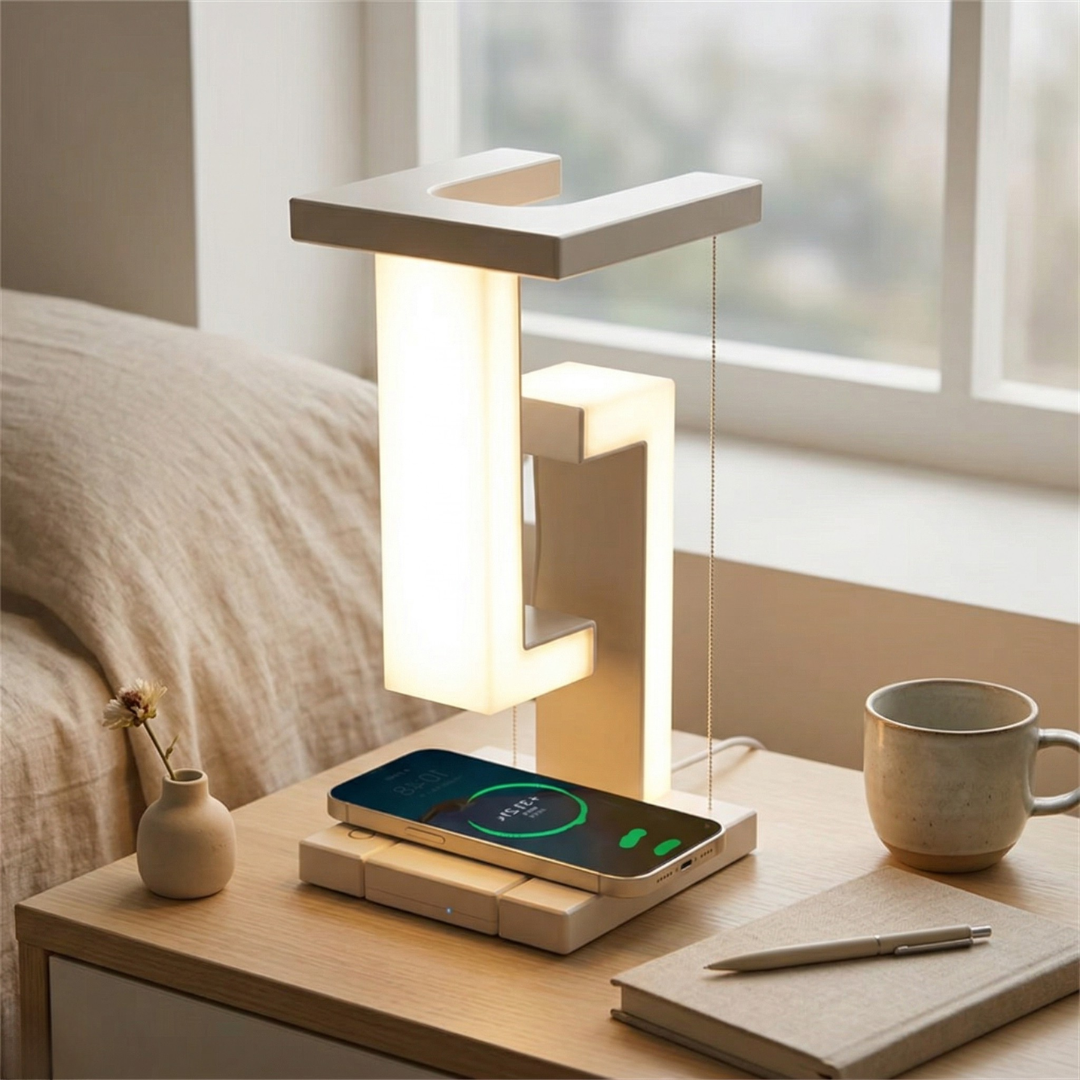 Levitating Desk Light Featuring Wireless Charging Pad For Modern Home Office Use Dimmable Brightness