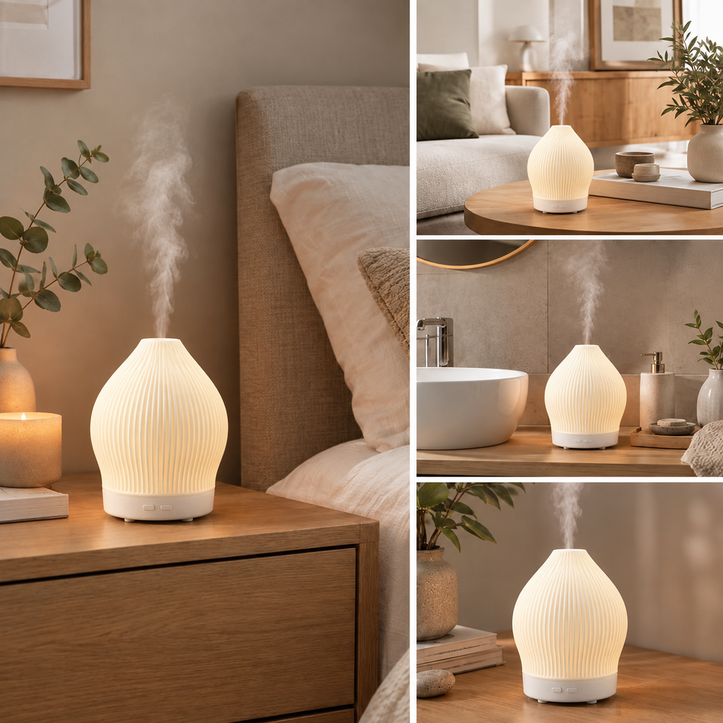 Aromadiffuser i glas — inspireret af rosenkvarts, nanodugteknologi og stemningslys
