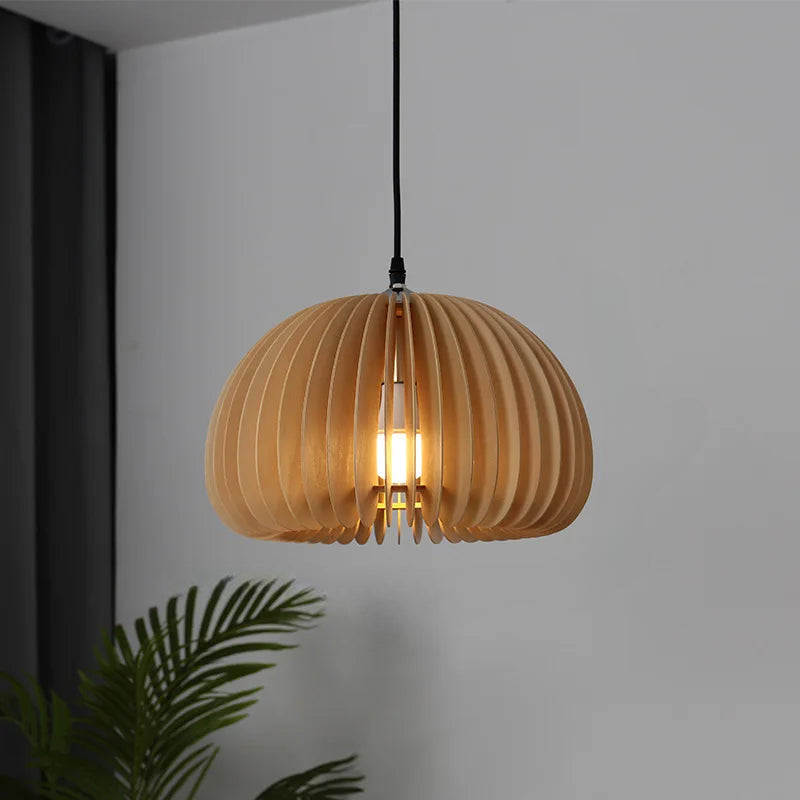 Wooden Pendant Lamp With Sculpted Rounded Shade For Warm Indoor Lighting In Minimalist Spaces