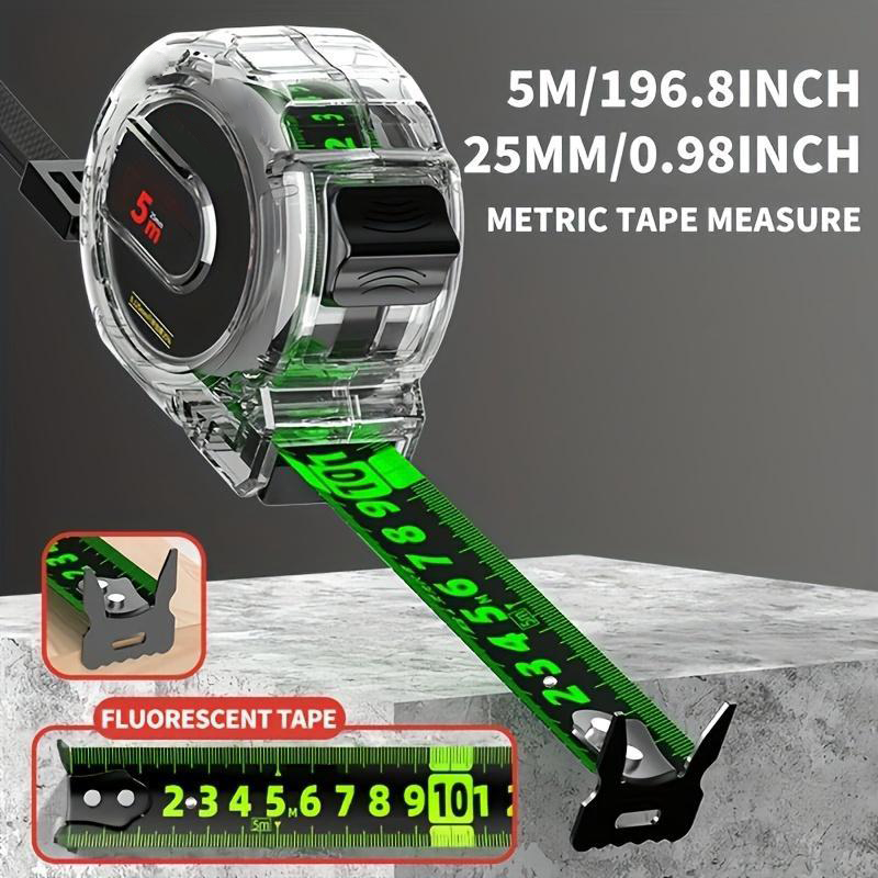 Mètre ruban lumineux vert néon — Repères laser recto verso, crochet zéro autobloquant