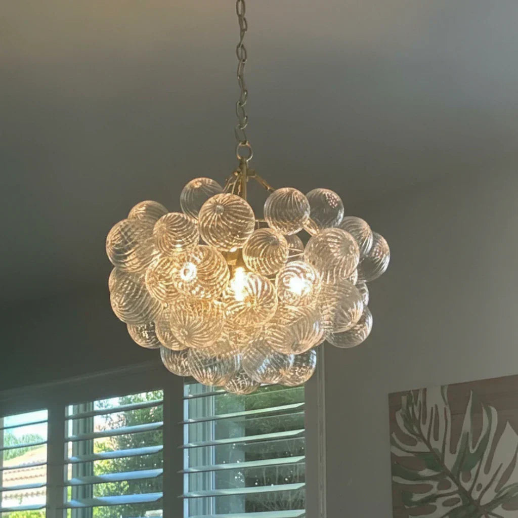 Clear Glass Bubble Chandelier With Ribbed Glass Detailing For Elegant Modern Interior Lighting