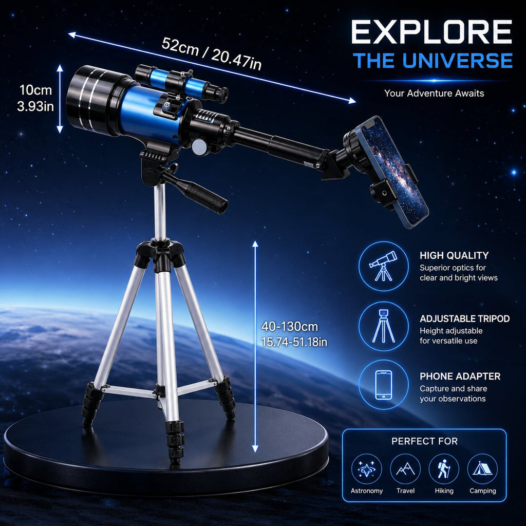 Telescópio SkyQuanta de 70 mm — Distância focal de 300 mm, tripé e adaptador para telemóvel