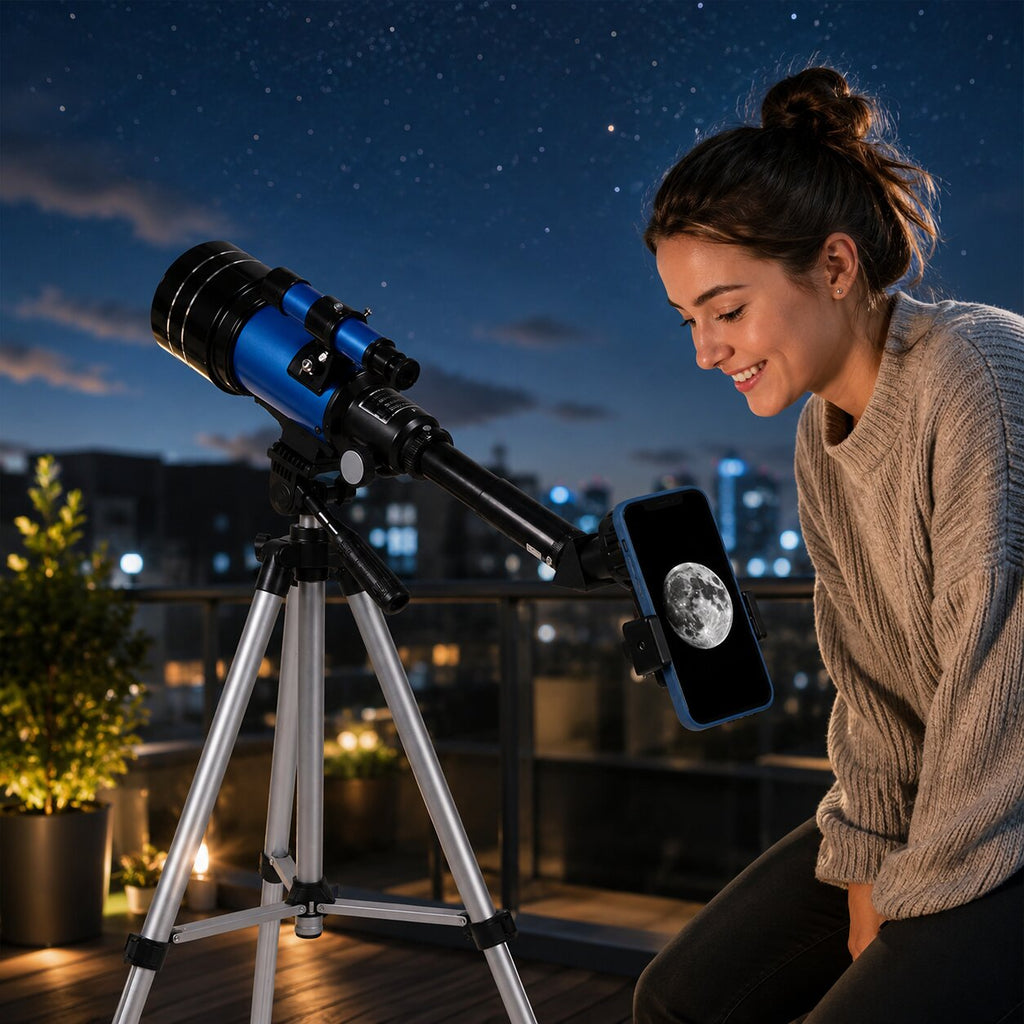 Telescópio SkyQuanta de 70 mm — Distância focal de 300 mm, tripé e adaptador para telemóvel