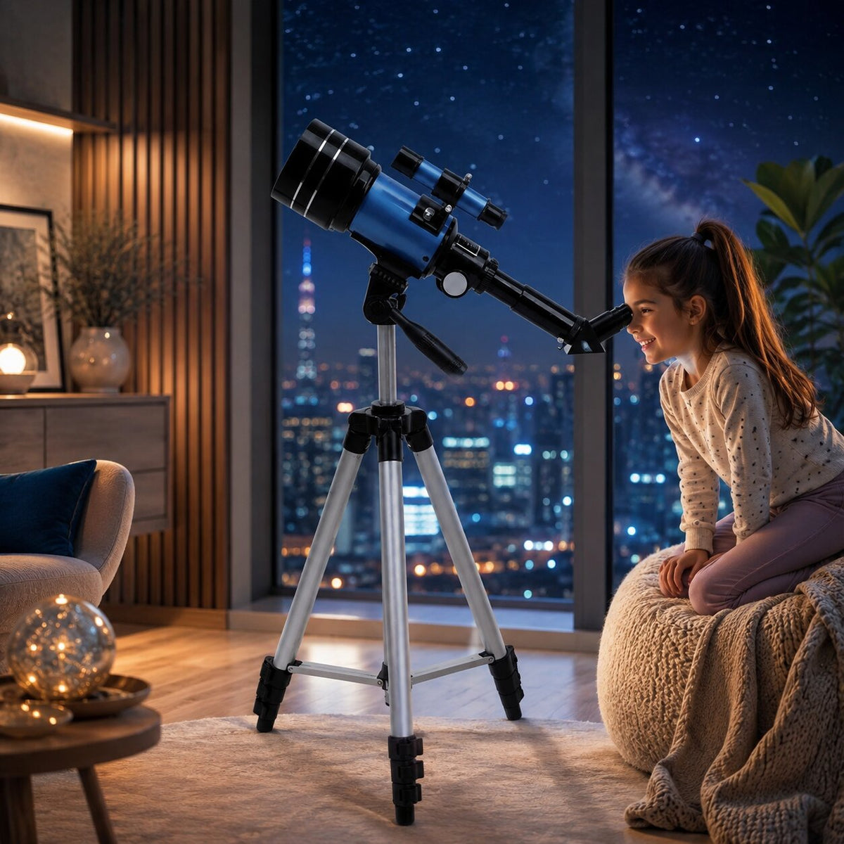 Telescópio SkyQuanta de 70 mm — Distância focal de 300 mm, tripé e adaptador para telemóvel