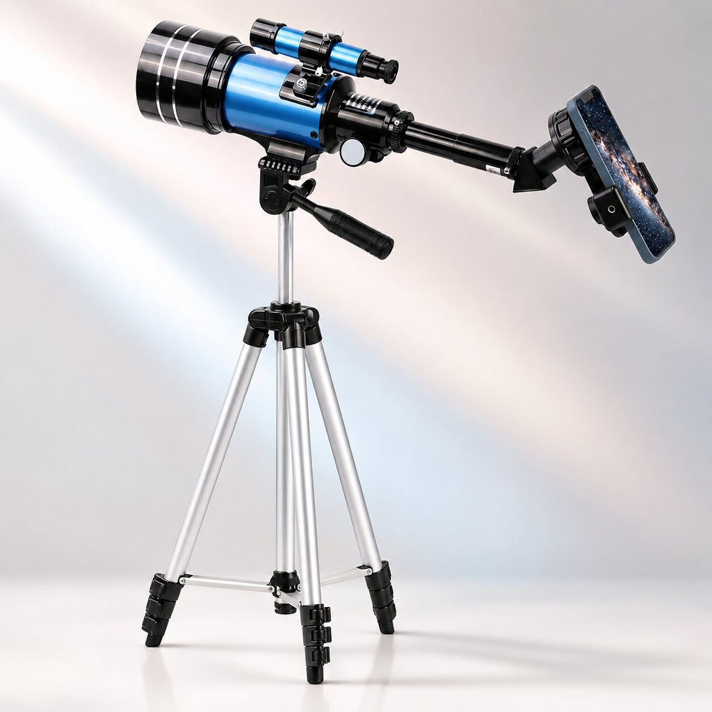 Telescópio SkyQuanta de 70 mm — Distância focal de 300 mm, tripé e adaptador para telemóvel