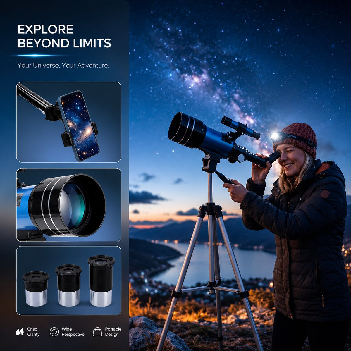 Telescópio SkyQuanta de 70 mm — Distância focal de 300 mm, tripé e adaptador para telemóvel