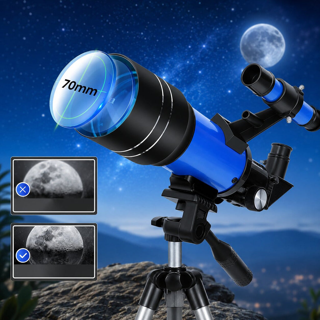 Telescópio SkyQuanta de 70 mm — Distância focal de 300 mm, tripé e adaptador para telemóvel