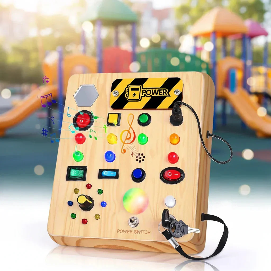 LumaLearn Montessori-busyboard – praktiske kontroller, innebygd musikk og LED-lys