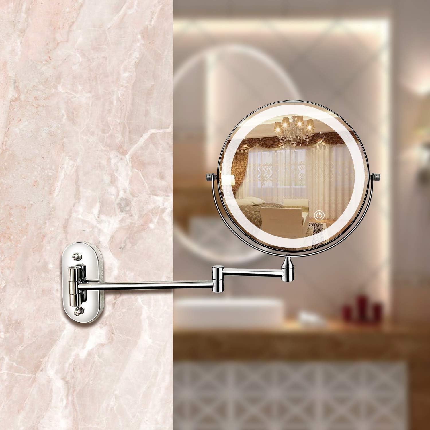 Rechargeable Chrome Wall-Mount Mirror With LED Lighting And Adjustable Magnification