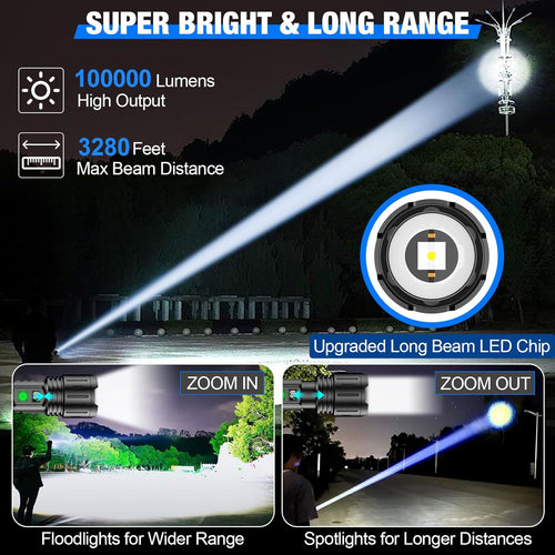 100000 Lumen Tactical LED Flashlight Rechargeable Battery Zoomable Powerbank