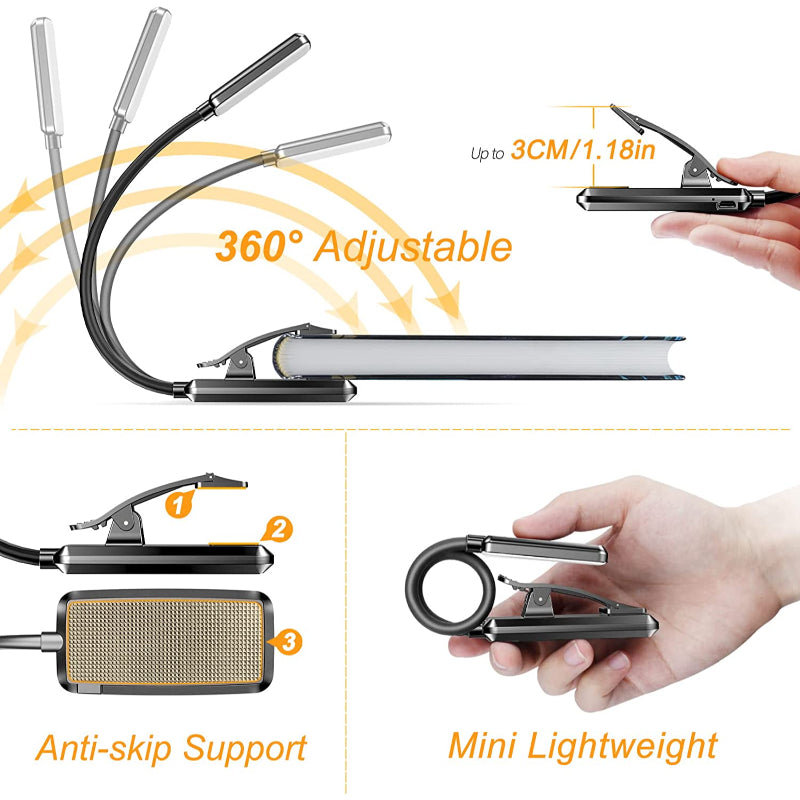 9 LED Clip On Reading Light USB Rechargeable For Bedtime Reading Eye Friendly Stepless Dimmable