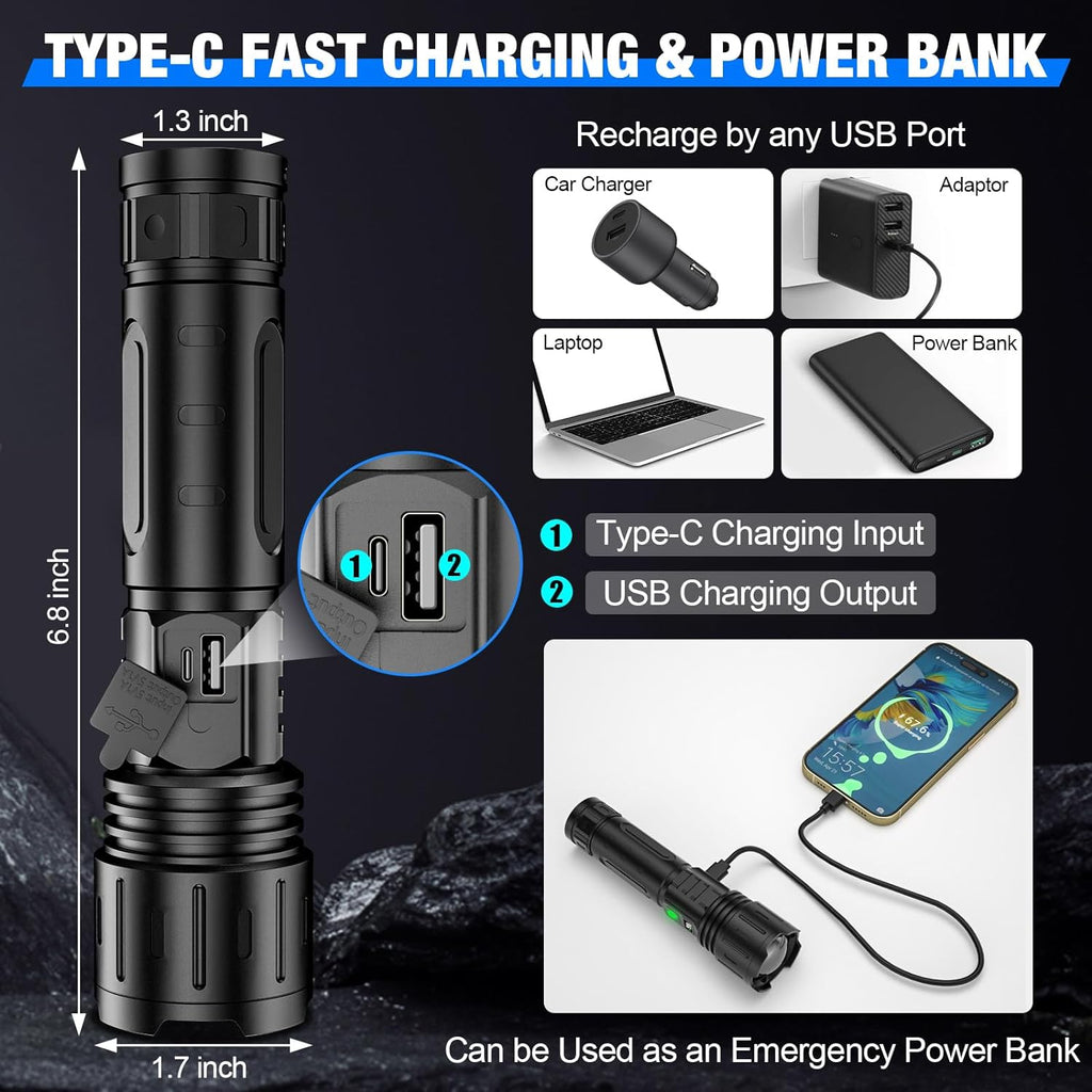 100000 Lumen Tactical LED Flashlight Rechargeable Battery Zoomable Powerbank