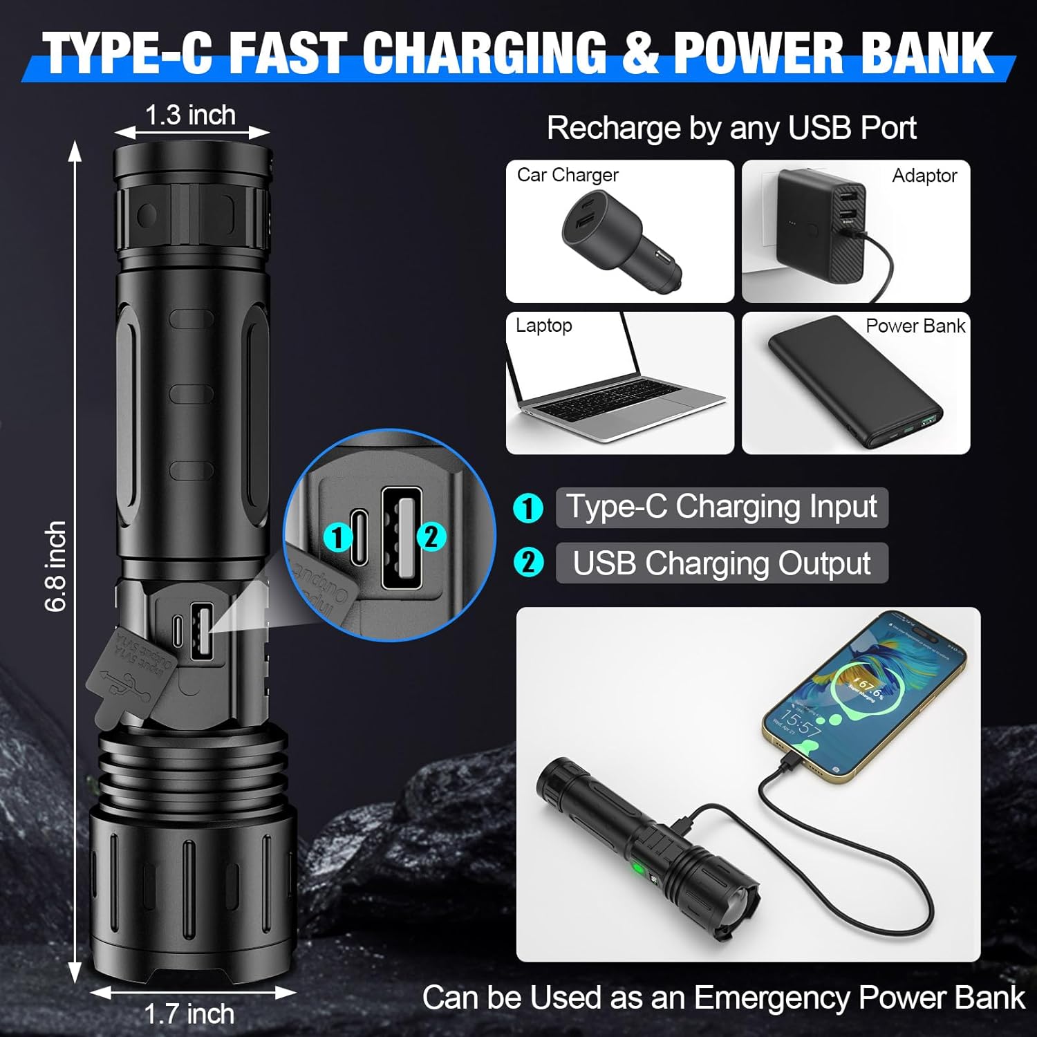 100000 Lumen Tactical LED Flashlight Rechargeable Battery Zoomable Powerbank