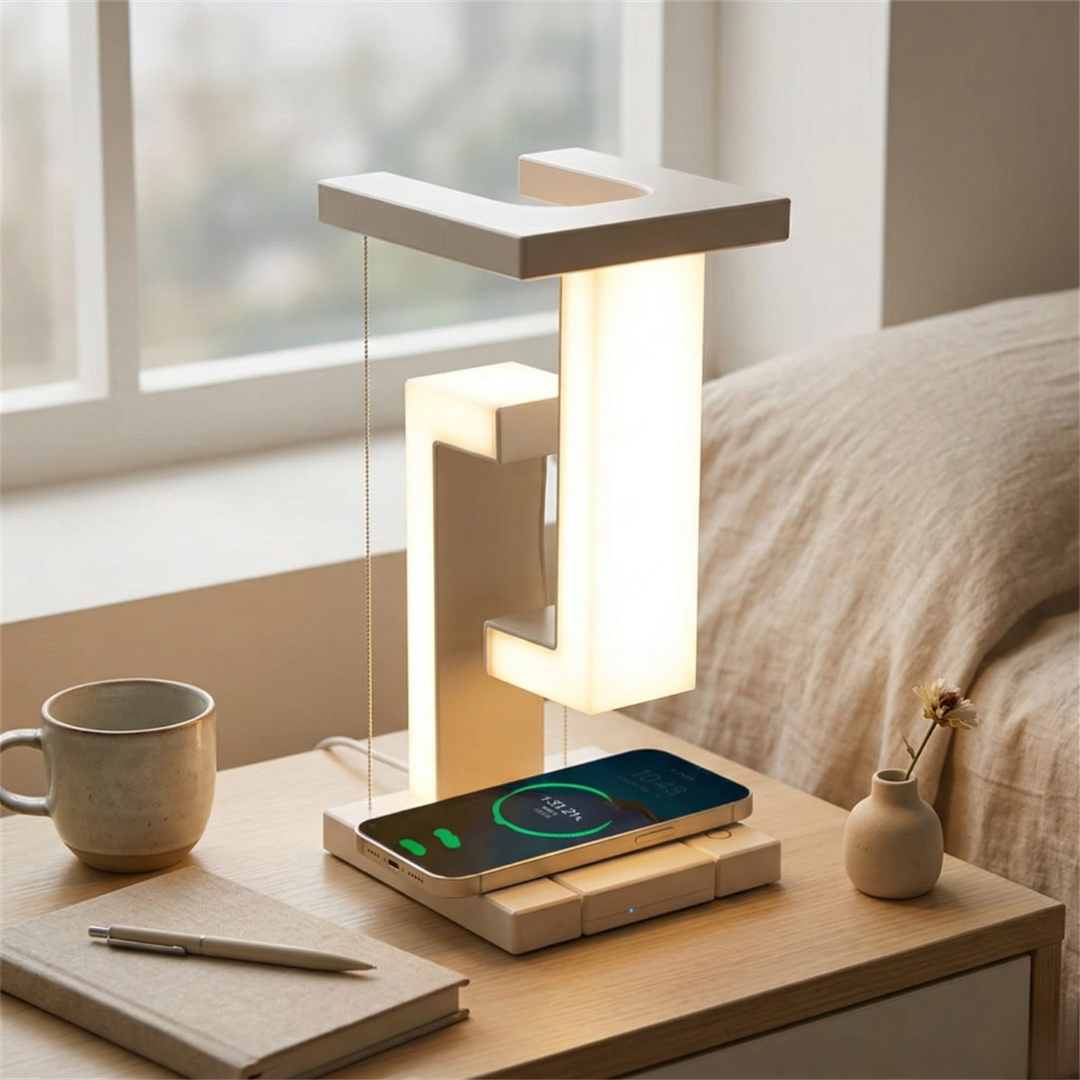 Levitating Desk Light Featuring Wireless Charging Pad For Modern Home Office Use Dimmable Brightness