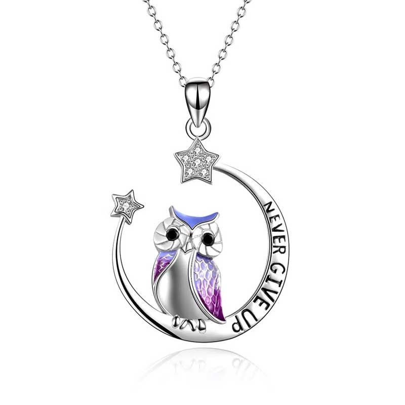 Never Give Up Owl Necklace — Moon and Stars Pendant