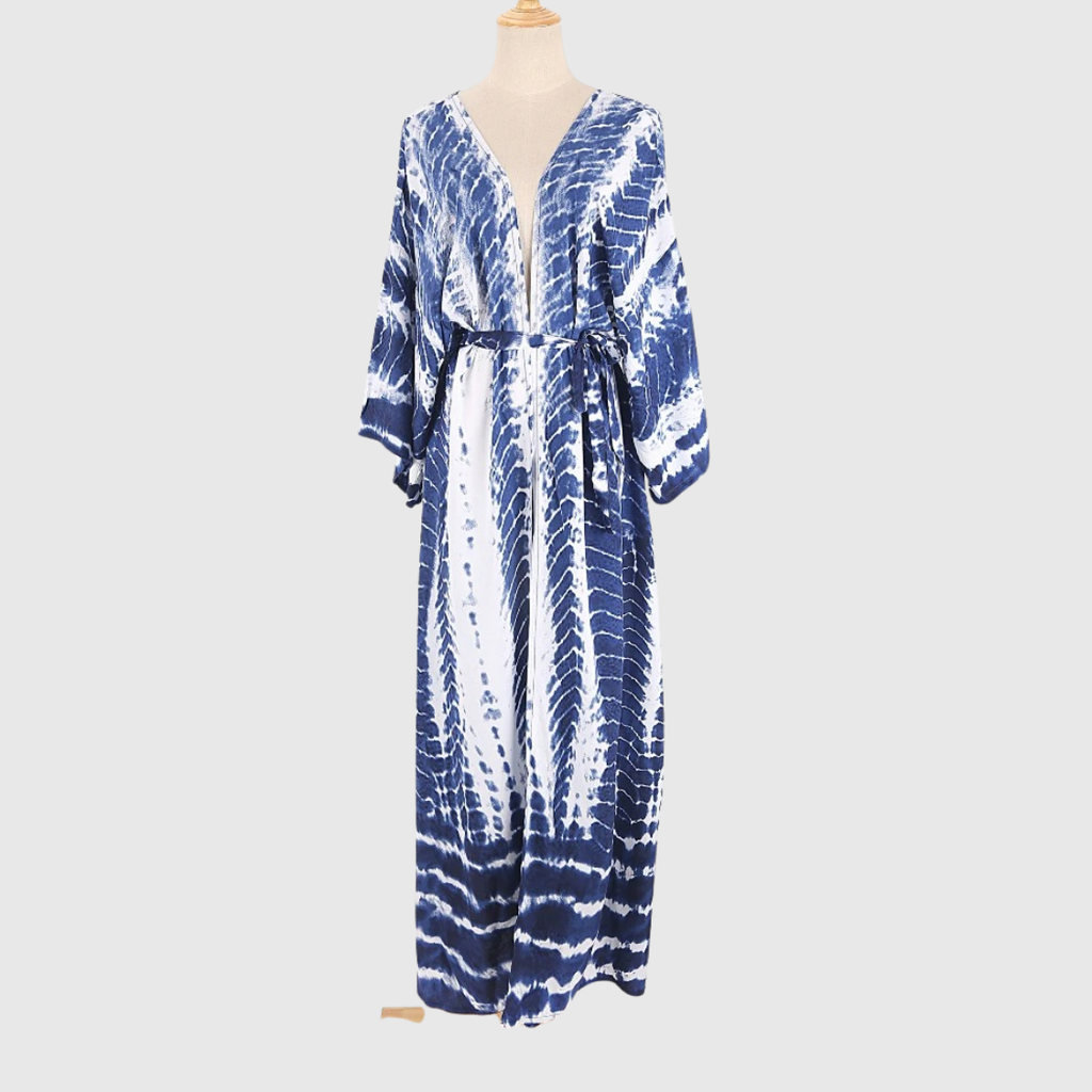 Kimono playero tie-dye OCEANVEIL — Prenda ligera y vaporosa de verano con cinturón del mismo tejido