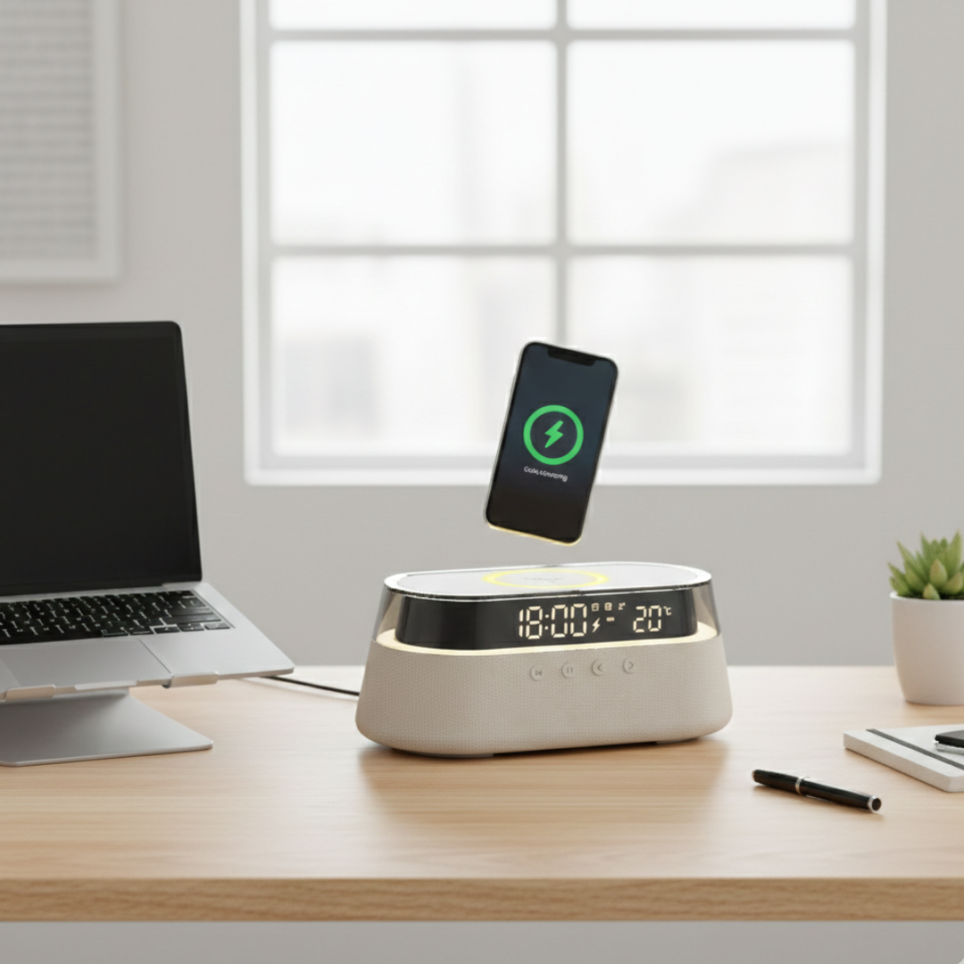 Six-In-One Alarm Clock With Wireless Charging, Bluetooth Speaker, FM Radio, Dual Alarms, USB Charger, And RGB Night Light