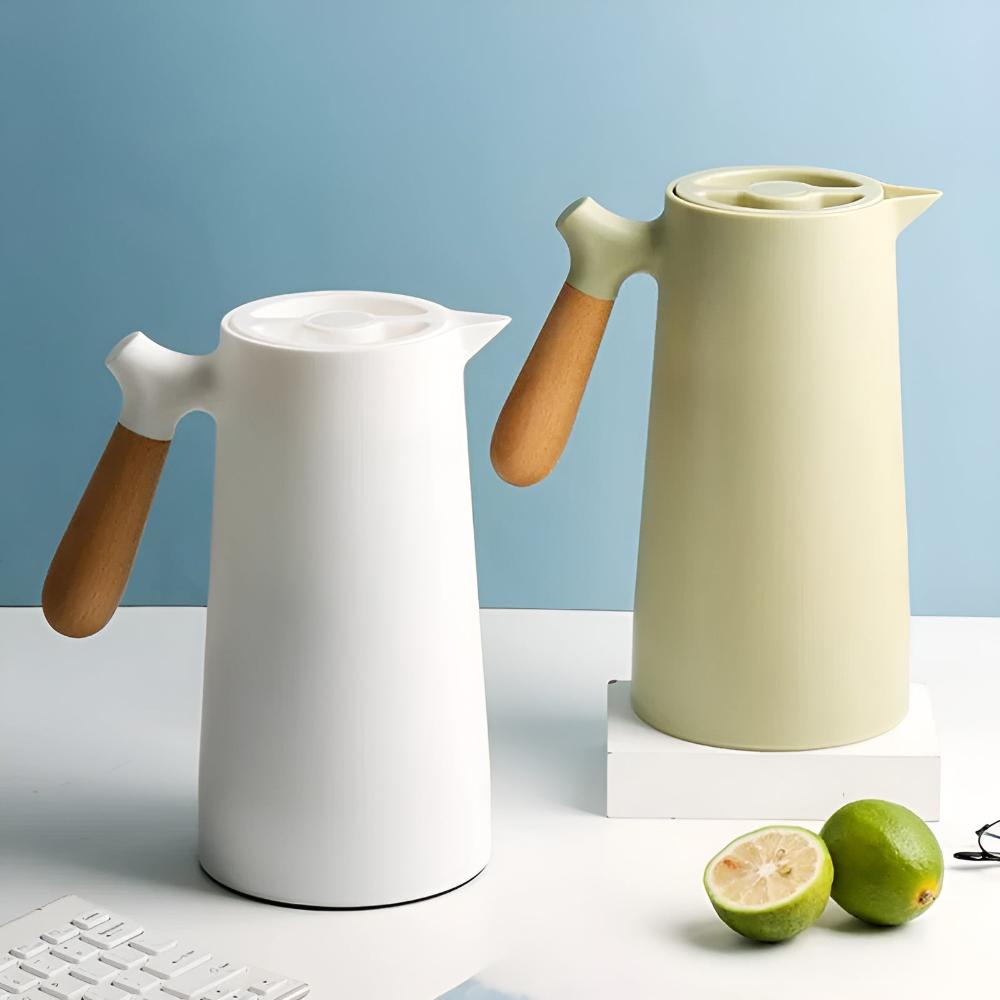 Thermos 1L Stainless Steel Carafe With Beige Wooden Handle Insulated Leakproof