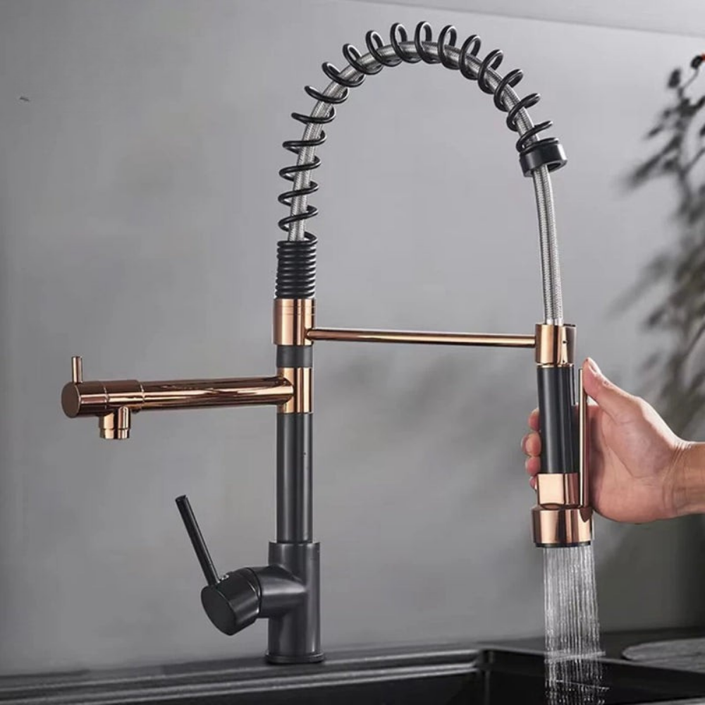 صنبور مطبخ AQUASWIVEL بسحب للأسفل — فوهة مزدوجة دوّارة