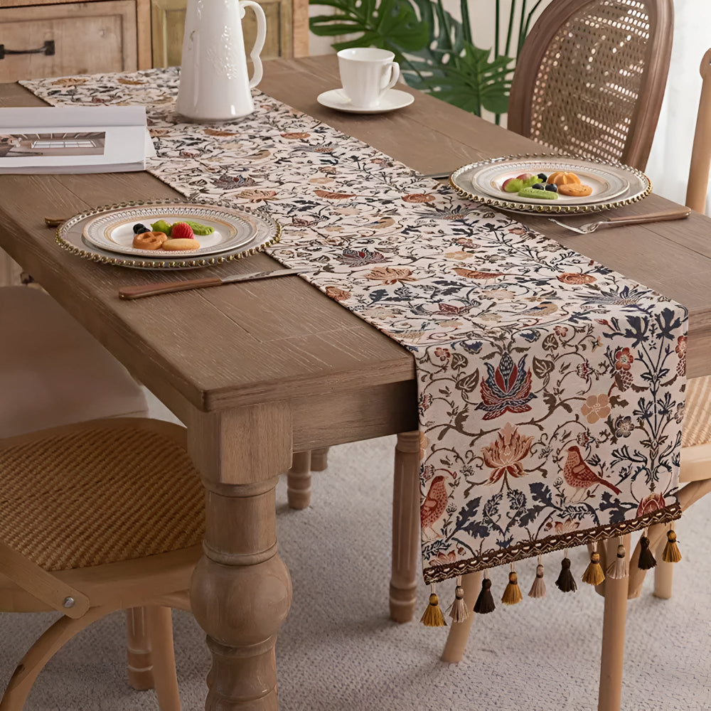 Vintage Jacquard Runner With Bird And Flower Motif, Rustic Tassel Edges