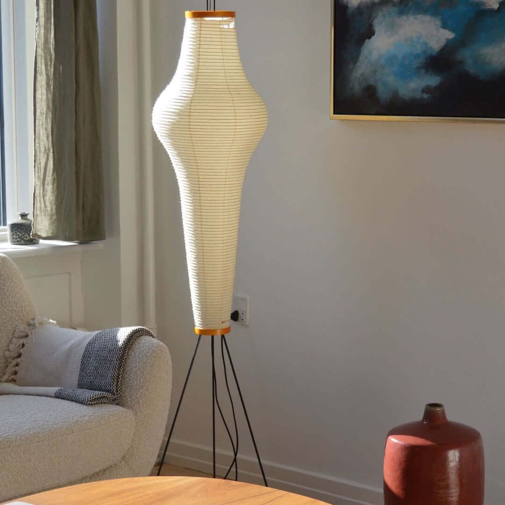 Rice Paper Floor Lamp With Sculptural Japanese Shade In Totem Or Pagoda Form For Cozy Living Rooms