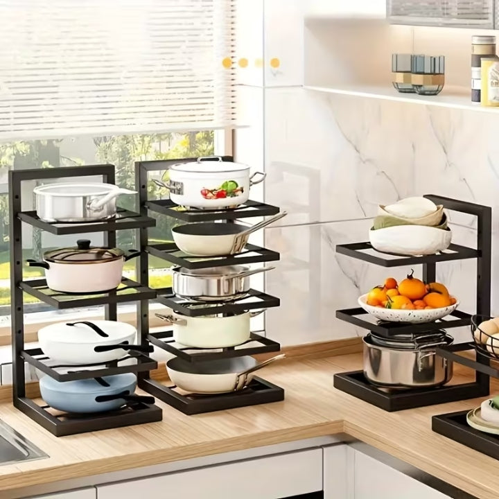 Adjustable-Height Freestanding Pot and Pan Rack — Tiered Kitchen Organizer
