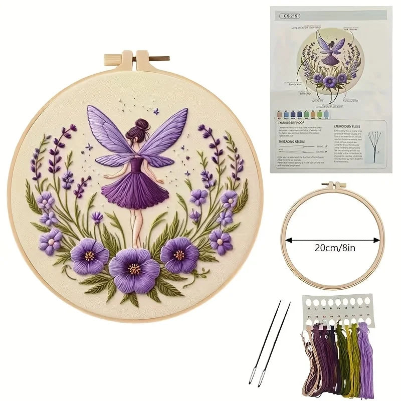 Kit da ricamo con fatina - Set completo per principianti con telaio in legno da 20 cm