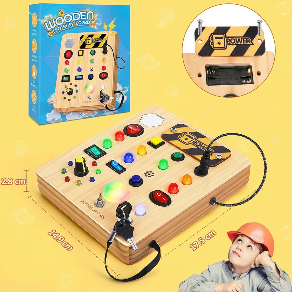 LumaLearn Montessori-busyboard – praktiske kontroller, innebygd musikk og LED-lys