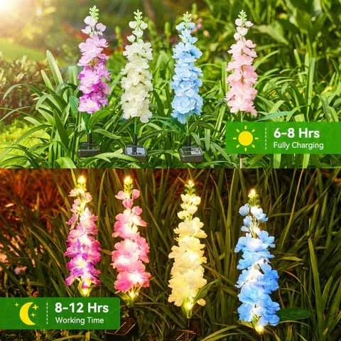 BLOOMLIVA Solar-Gartenleuchten mit Ritterspornmotiv — stimmungsvolle LED-Beleuchtung im Blumenstil